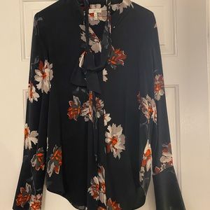 Joie Printed Floral Navy Silk Tie Blouse XS